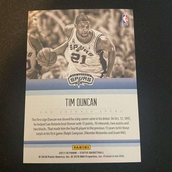 Tim Duncan - 2017-18 panini status Basketball #9 - Picture 2 of 2